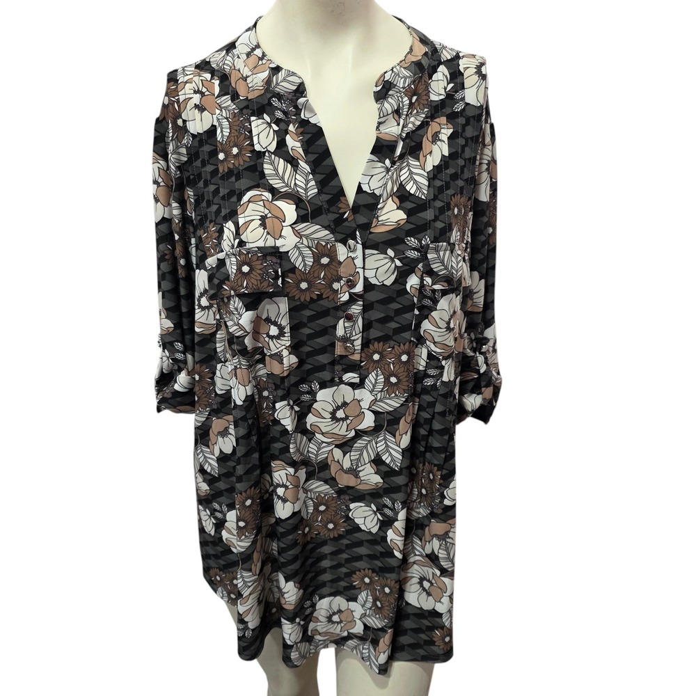 Cocomo Woman 3X Floral Tunic Blouse Black Brown Sheer Roll Tab Sleeve Plus Boho